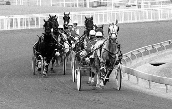 Steen Juul og den skimlede pacer-vallak fører feltet an i Macao.